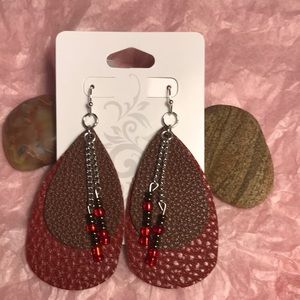 Leather earrings lightweight, Brown and red, beaded